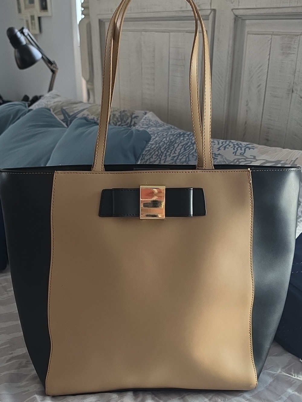 Ivanka Trump Black and Tan Two-Tone Tote with Gold Buckle